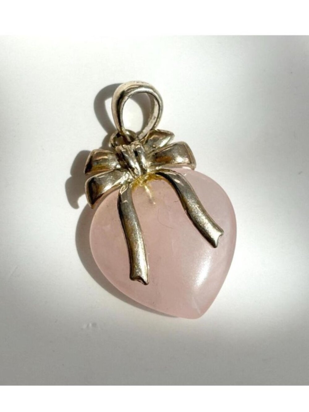 Rose Quartz Stone Heart Shaped Ribboned Bow Sterling Silver Vintage 925 Pendant